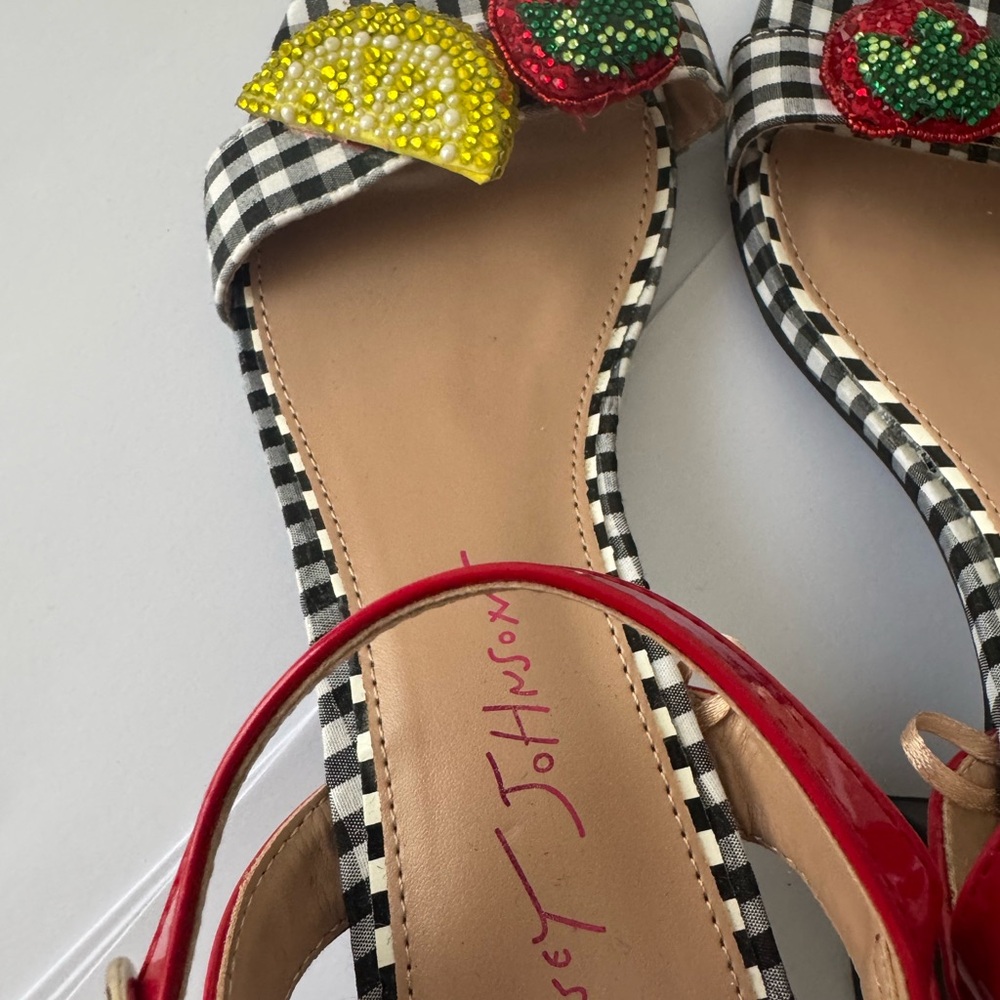 Betsey Johnson Red and Black Gingham Sandals with Beaded Fruit - Picture 3 of 4